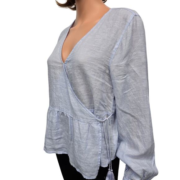 NWT Rachel Zoe Linen Top Blouse Peplum Wrap Tie Waist Women M Blue 100% Linen - Picture 5 of 13